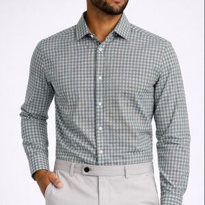 Mizzen+Main Leeward Gray Green/Blue Check Performance Shirt L Trim Fit